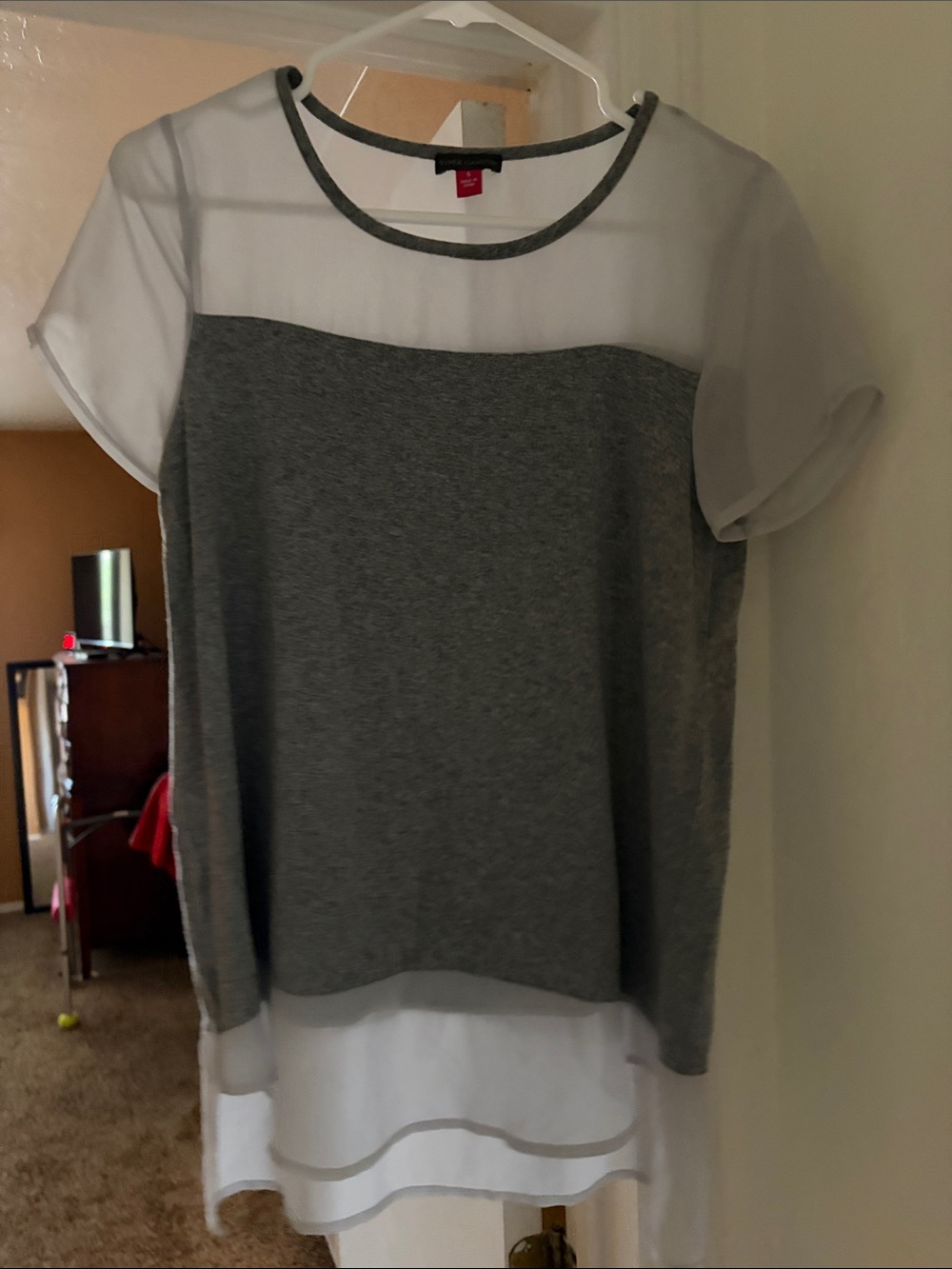 Vince Camuto Gray & White Layered Chiffon-Trim Top
